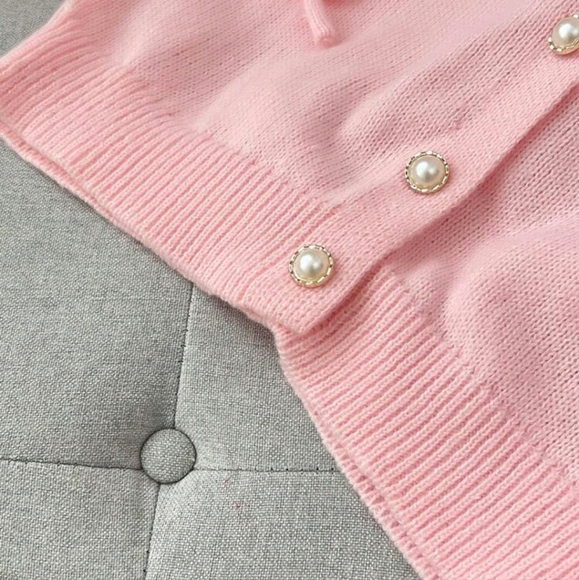 SolidColor Round Neck Knitted Cardigan With Bow Decor,Pink Top Elegant Outerwear - Picture 2 of 4